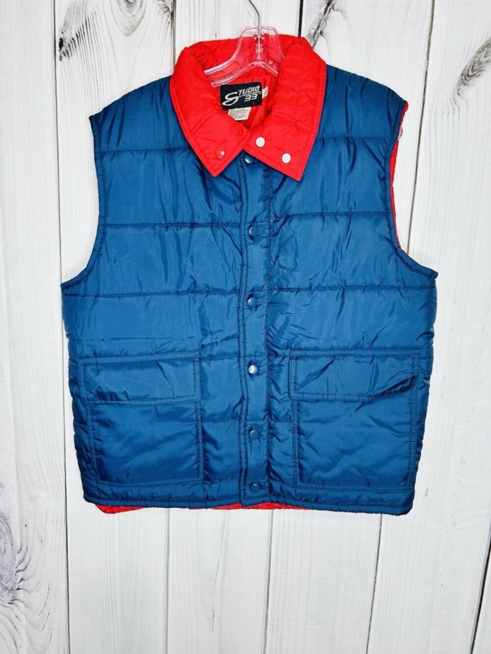 Studio 33 Puffer Vest Sz L Navy Blue Red Snap Up Sleeveless Vintage MINT